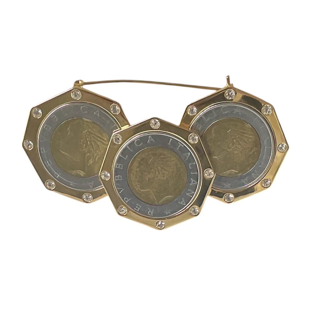 1980s Gold Plate & Rhinestones Italian Lira Coin Cluster Vintage Brooch Pin
